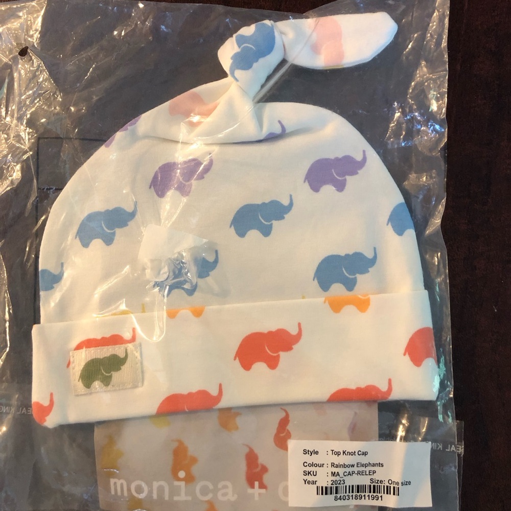 Monica and Andy rainbow elephant top knot one size baby hat NWT